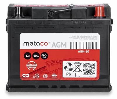 Аккумулятор Start-Stop автомобильный Metaco AGM - 60 А/ч [-+]