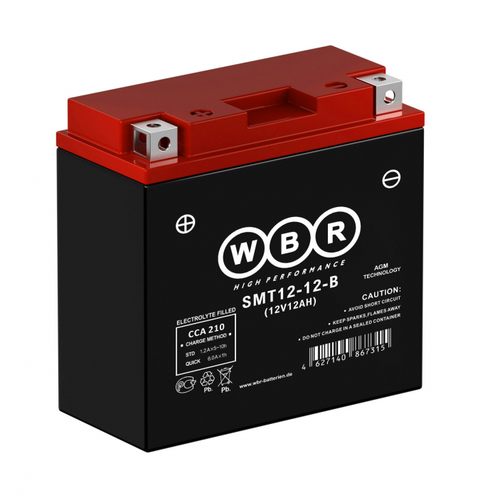 Мотоаккумулятор WBR AGM - 12 А/ч 210 А (SMT12-12-B) YT14B-BS