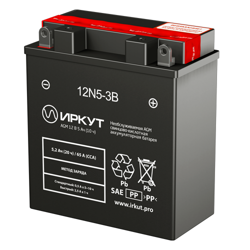 Мотоаккумулятор 12N5-3B Иркут - 5 А/ч 65 A [- +]