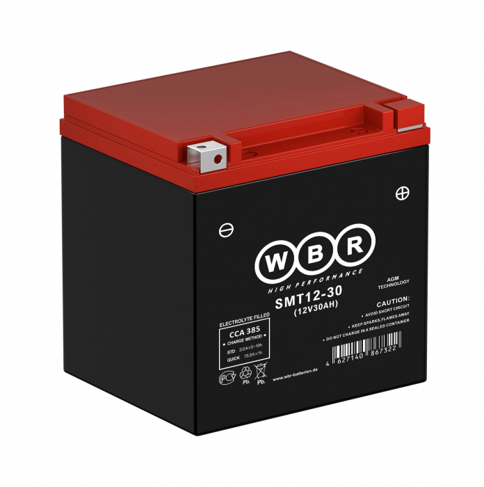Мотоаккумулятор WBR AGM - 30 А/ч 385 А (SMT12-30) YB30L-B, YTX30L-BS, BA30LSHDT
