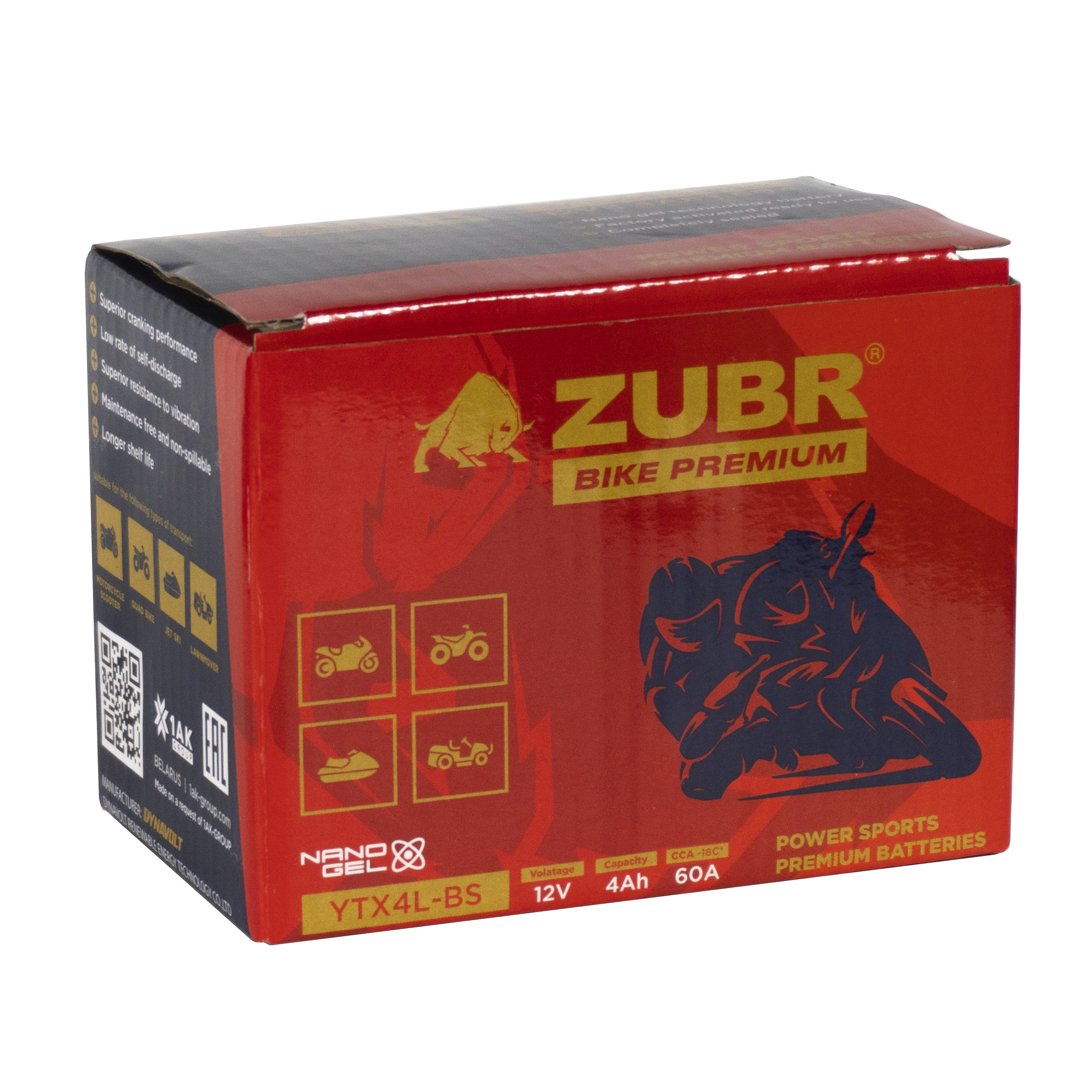 Мотоаккумулятор Zubr Bike Premium Nano Gel - 4 А/ч 60 А (YTX4L-BS) YT4L-BS [-+]