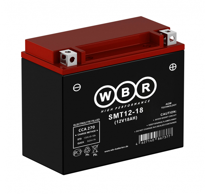 Мотоаккумулятор WBR AGM - 18 А/ч 270 А (SMT12-18) YTX20L-BS,YTX20HL-BS, YB16CL-B, YB16L-B, YB18L-A