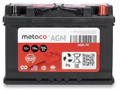 Аккумулятор Start-Stop автомобильный Metaco AGM - 70 А/ч [-+]